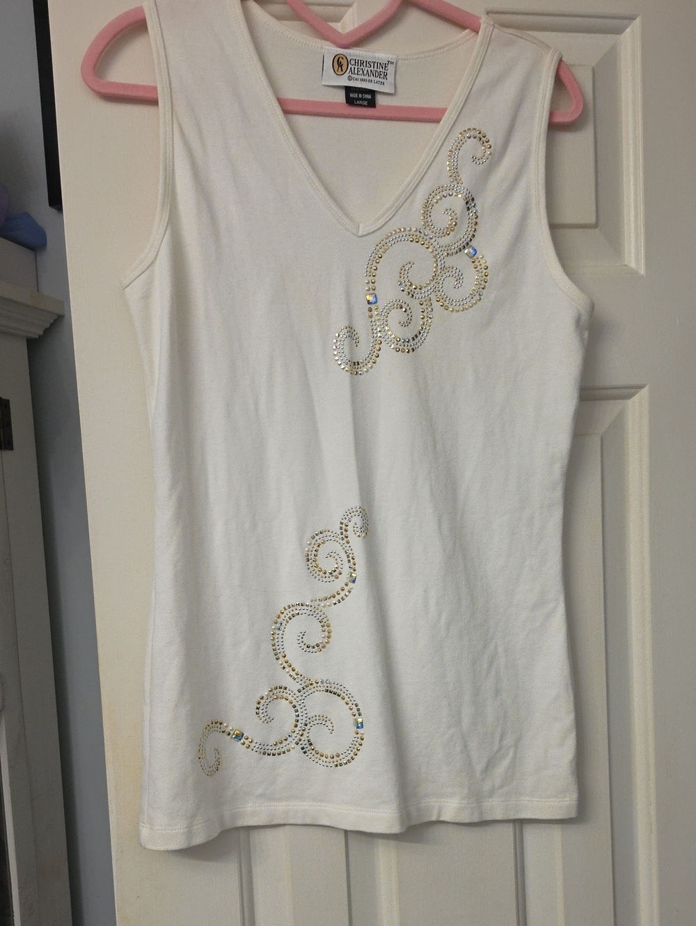 Christine Alexander White V-Neck Tank with Gold Rhinestone Swirls